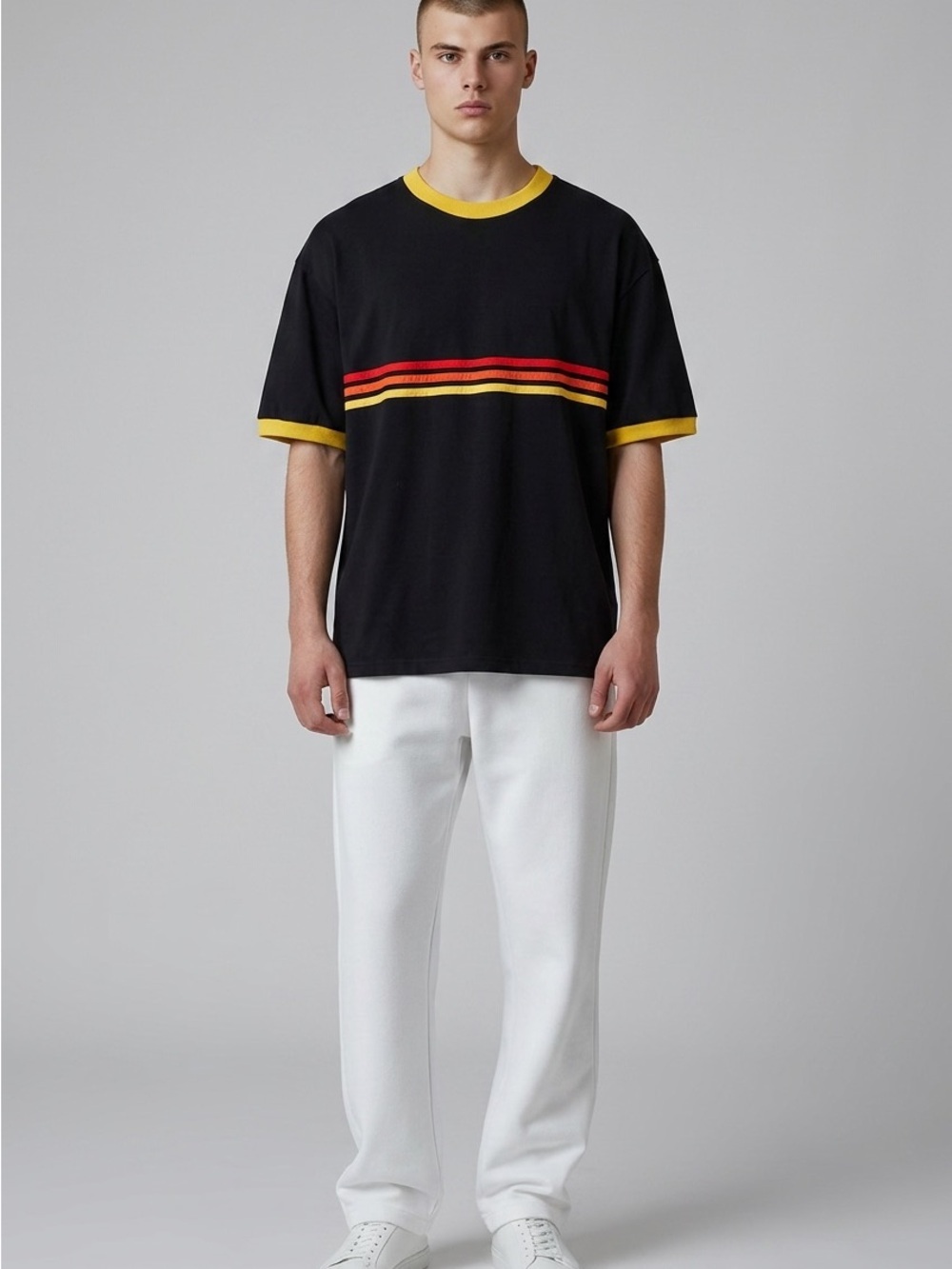 Men's Black Short-Sleeve Tee with Yellow Collar & Red Stripe Accent